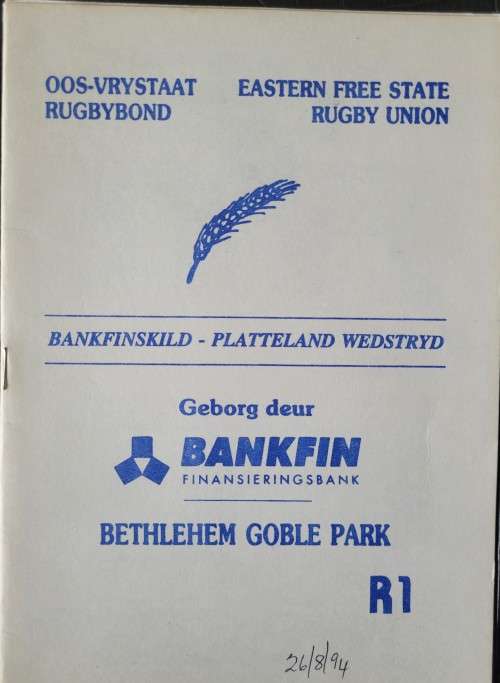 Rugby programme. Eastern Orange Free State vs Griquas Bankfin Shield 6/8/1994
