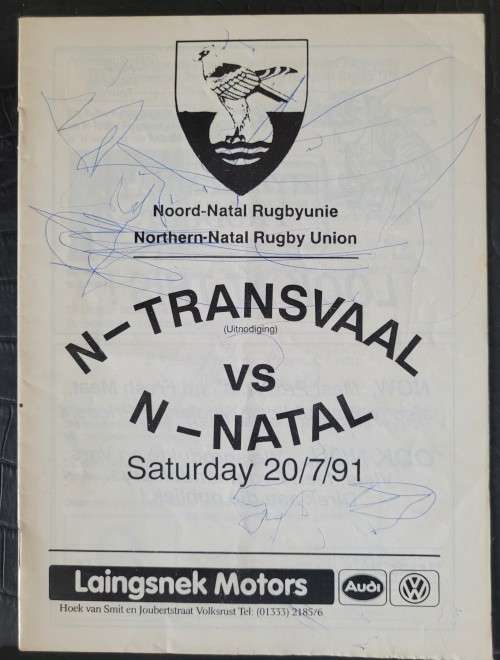 Rugby programme Northern Natal vs Northern Transvaal 20 Jul 1991 Note scribbling in blue ink: front