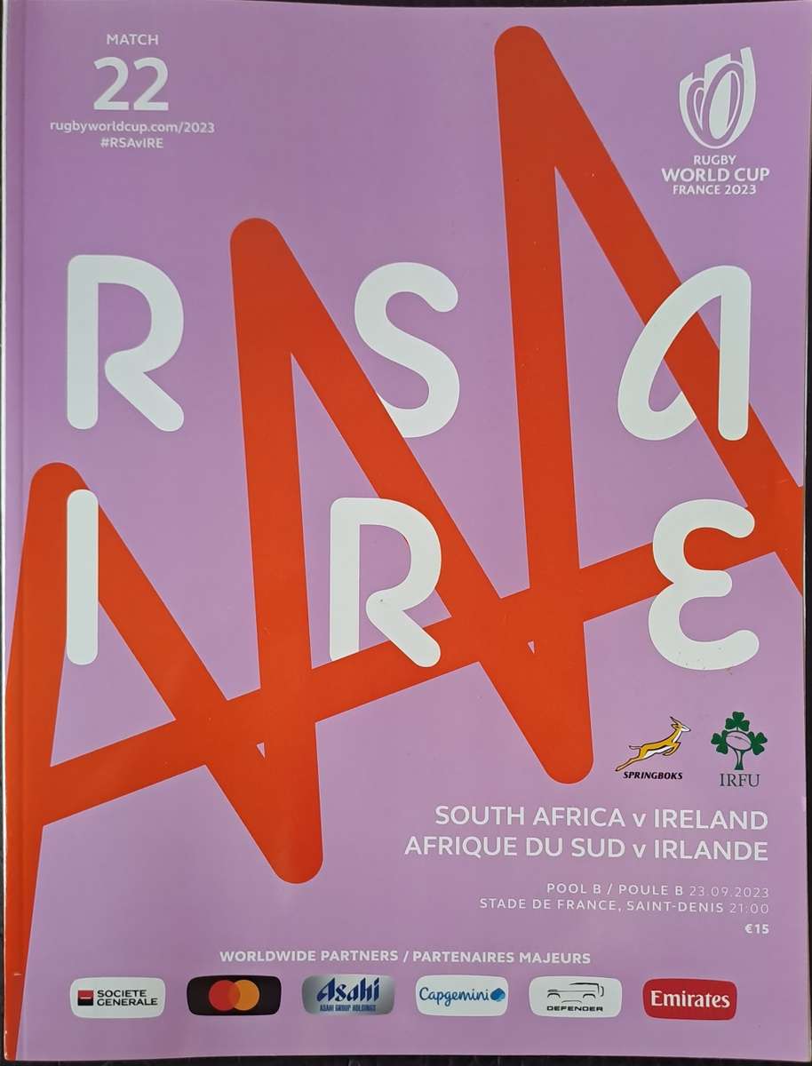 Rugby programme. SA vs Ireland 2023 RWC  23 Sep 2023 Paris