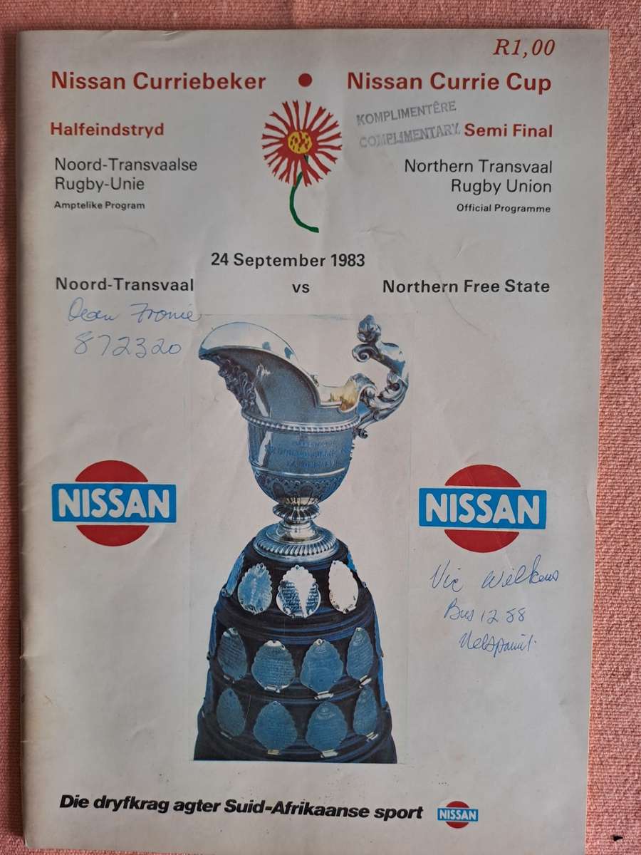 Rugby programme. NTvl v Northern Orange Free State 24 Sep 1983 Pen writing to cover