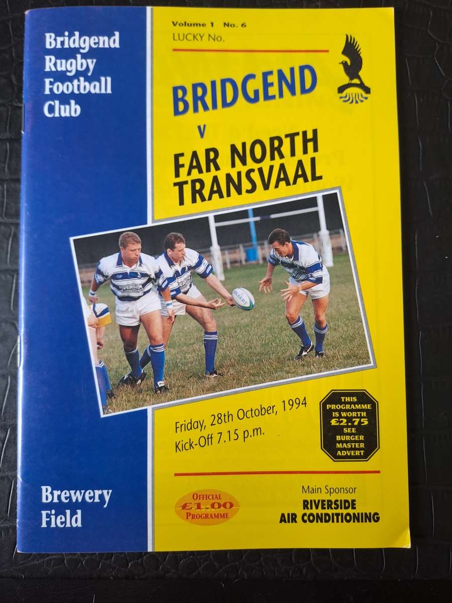 Rugby programme. Bridgend vs Far North (Transvaal) 28 Oct 1994