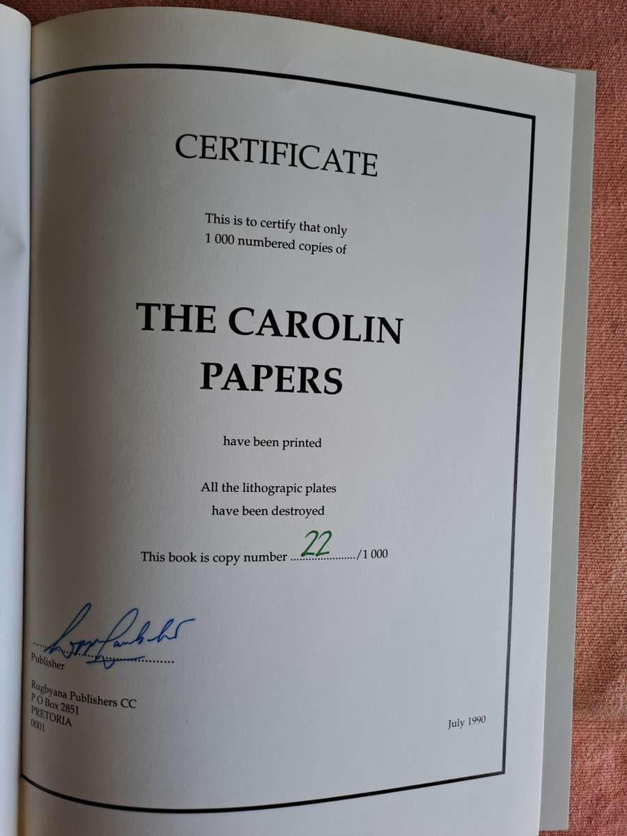 Rugby book. `The Carolin papers` in slip case. Limited edition, Signed by Author. 22 of 1000 SCARCE