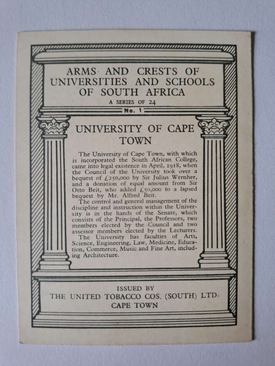 Cigarette card - Arms & crests of Southern African universities & schools- No 8 Univ of Stellenbosch