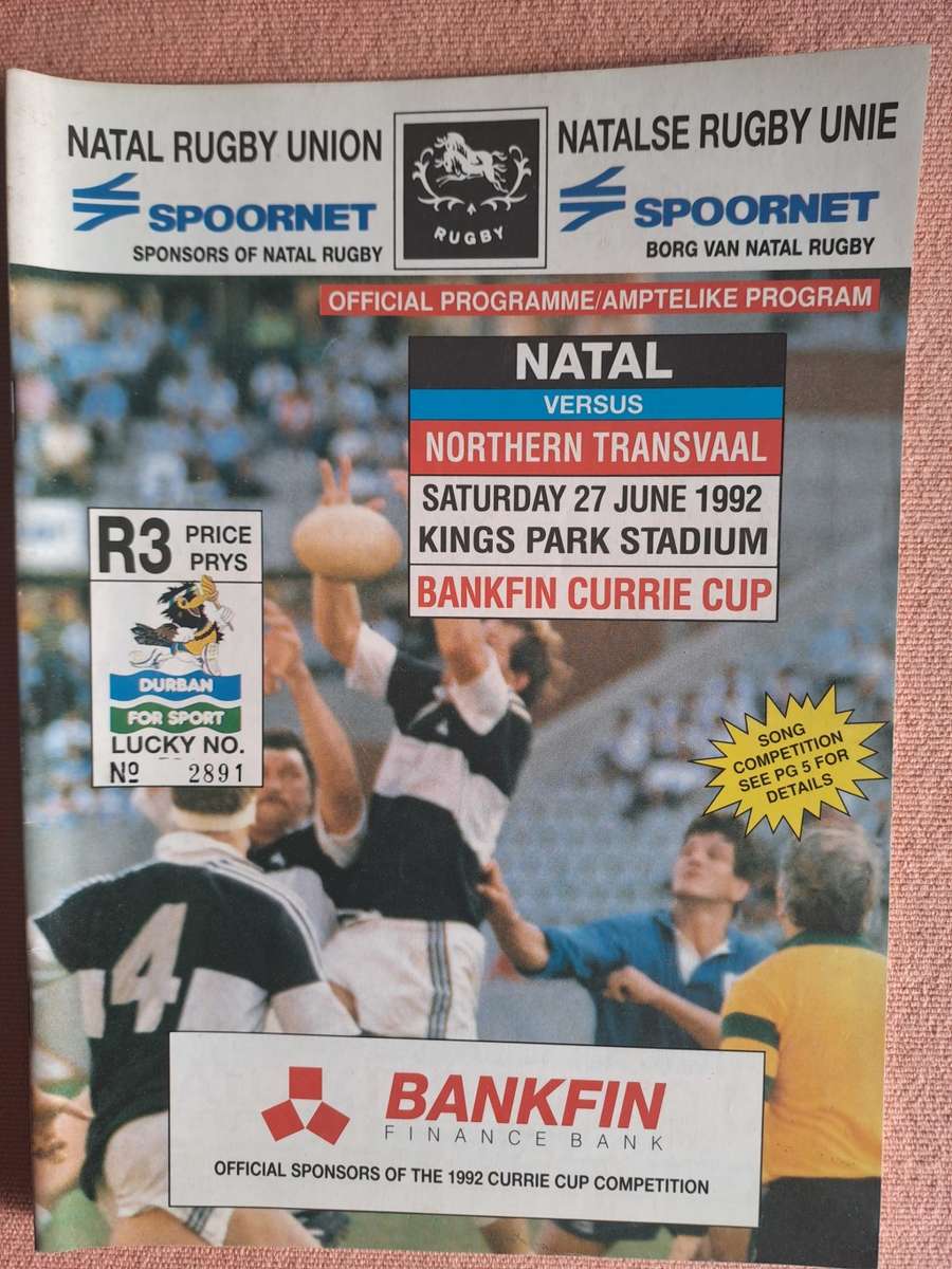Rugby programme - Natal v Northern Transvaal 27 June 1992