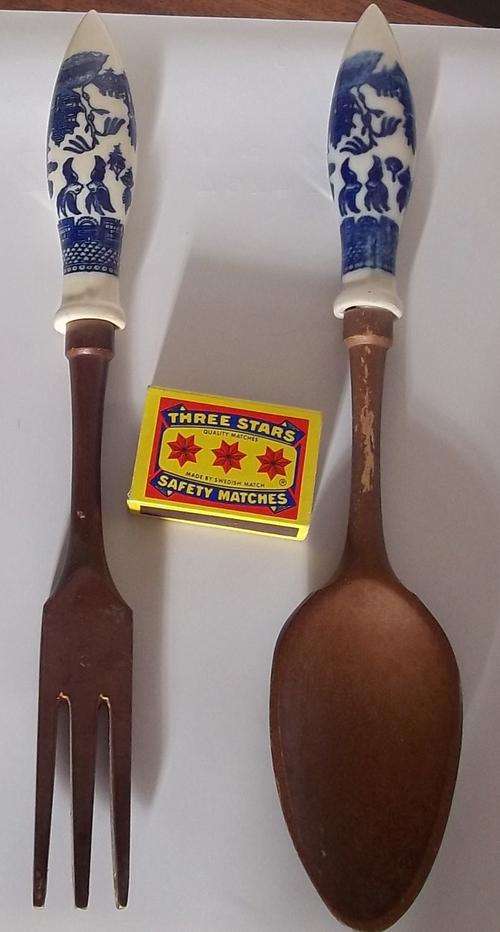 Wooden Fork and Spoon  with porcelain handles