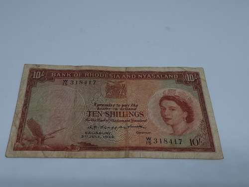 BANK OF RHODESIA AND NYASALAND 10 SHILLING 3RD JULY 1959 BANK NOTE