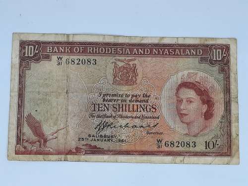 BANK OF RHODESIA AND NYASALAND 25TH JANUARY 1961 TEN SHILLING BANK NOTE