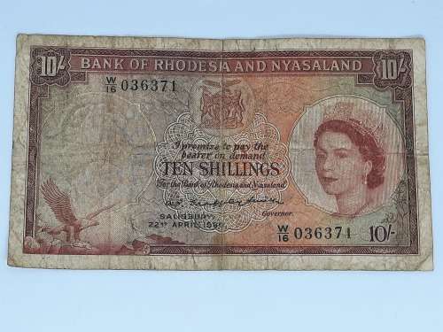 BANK OF RHODESIA AND NYASALAND 22ND APRIL 1960 10 SHILLING BANK NOTE