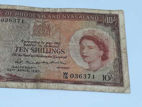 BANK OF RHODESIA AND NYASALAND 22ND APRIL 1960 10 SHILLING BANK NOTE