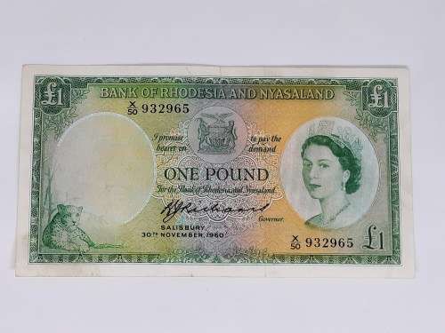 BANK OF RHODESIA AND NYASALAND ONE POUND 30TH OF NOVEMEBER 1960 BANK NOTE