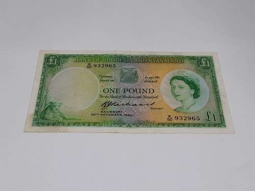 BANK OF RHODESIA AND NYASALAND ONE POUND 30TH OF NOVEMEBER 1960 BANK NOTE