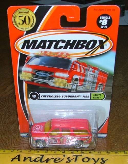 2001 Matchbox 50th ~ No 8 Chevrolet Suburban Fire ~ Mint on Long card
