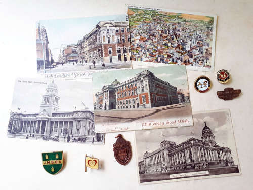 Johannesburg vintage pin badges. Medal Proclaiming Joburg a City, Joburg postcards, 1st Day stamps