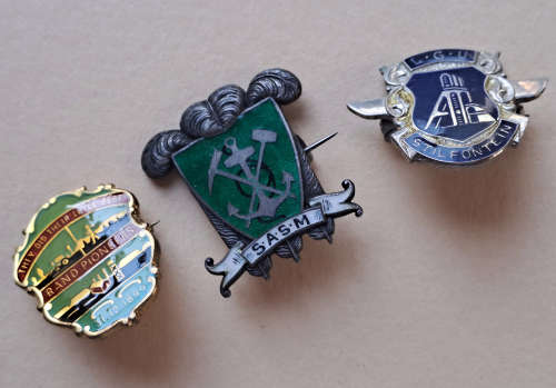 A vintage rare S.A.S.M railway Sterling Silver pin badge plus Rand Pioneers and Stilfontein Mine pin