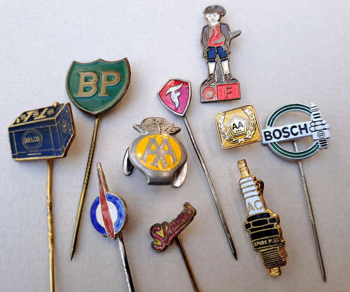 Car industry rare (Lot of 10) pin badges  Petroleum, Spark Plugs, Tyres, AA membership