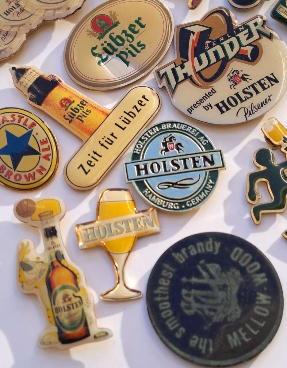 Beer pin badges German and other European beers plus 2 x Castle Lager pin badges