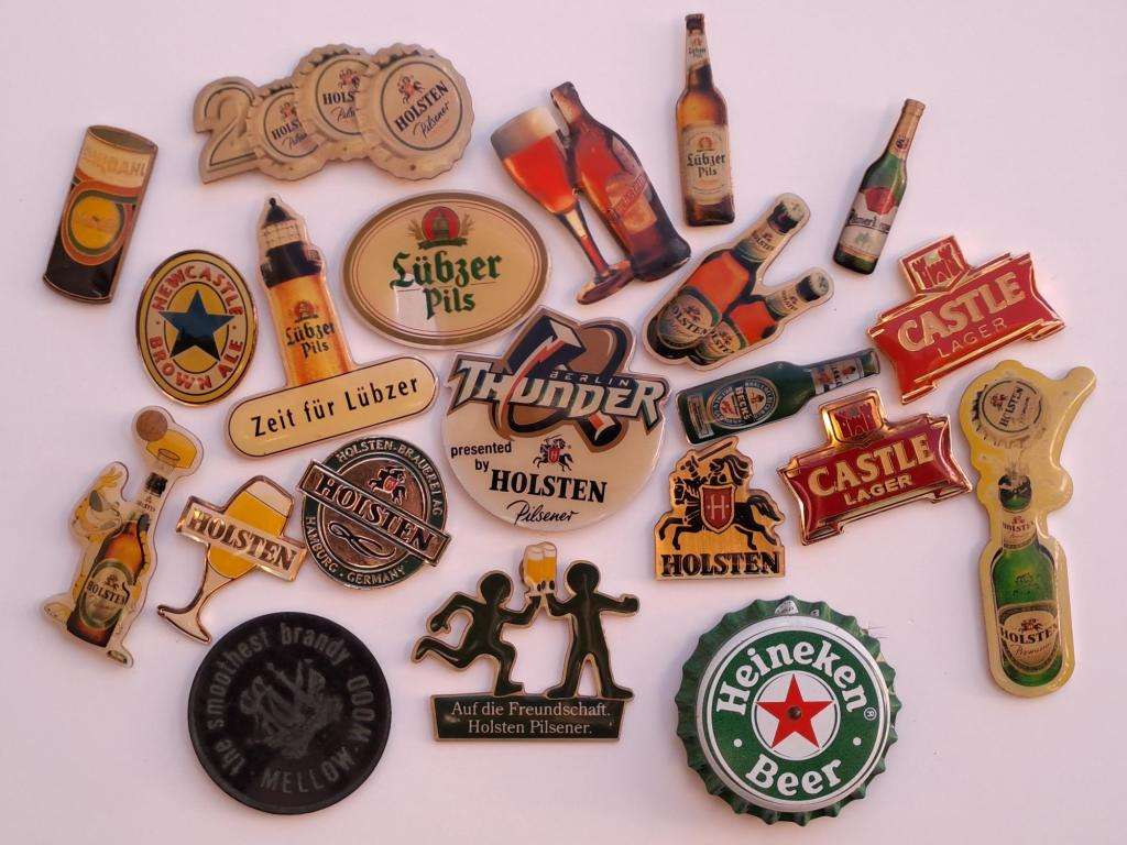 Beer pin badges German and other European beers plus 2 x Castle Lager pin badges