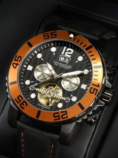 **RARE WATCH**Calvaneo 1583 Sea Commander Black PVD Orange**MADE IN GERMANY**
