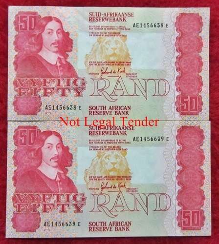 ## 2 x GPC de Kock 3rd Issue R50 Notes in Seq AE1456638-39 ** Bid per note for the LOT ##