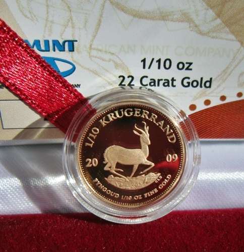 ## Proof 2009 South Africa 1/10th Oz Kruger Rand in Capsule in red SAM Box with COA ##