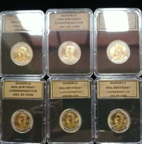 ## Collection of 6 x Mandela 90th Birthday UNC R5 in Perspex Boxes ** Bid per Coin for the LOT ##