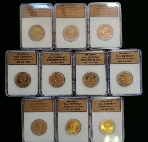 ## Collection of 10 x UNC 2008 Mandela 90th Birthday R5 Coins in Perspex Boxes ##