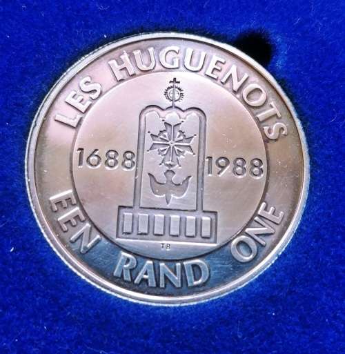## Proof 1988 South Africa Silver Les Huguenots R1 in SAM Box ##