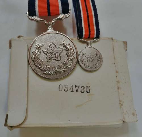 ## SADF General Service Full Size Medal 034735 with Miniature in Original Issue Box ##
