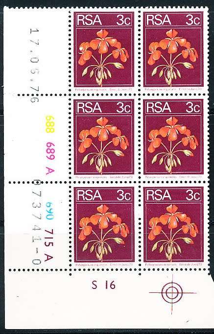 RSA -  1974  - 2nd BDEFINITIVE  3c  CONTROL  A  BLOCK  -  17/06/76   (prnt  0 )   - FINE MINT