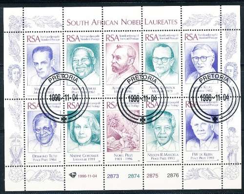 RSA  - 1996  -   South African Nobel Laureates   FULL SHEET  - FINE  CTO  USED
