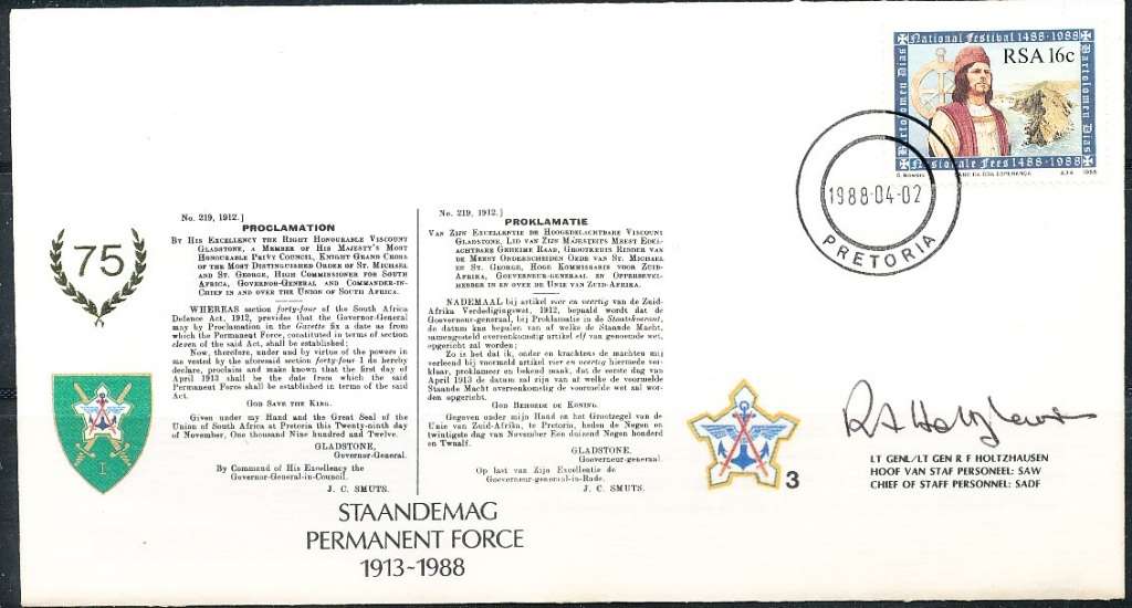 RSA  MILITARY -  SADF COVER   no 3  -  SIGNED -   FINE ITEM