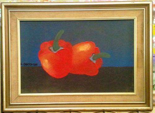 FRAMED ORIGINAL ACRYLIC ON BOARD CANVAS (2 X RED PEPPERS)  BY ROY OERSON
