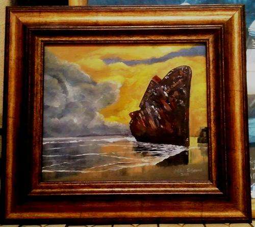 FRAMED MIKE TALJAARD ORIGINAL OIL PAINTING ON BOARD CANVAS (SHIP WRECK, JACARANDA, WILD COAST )