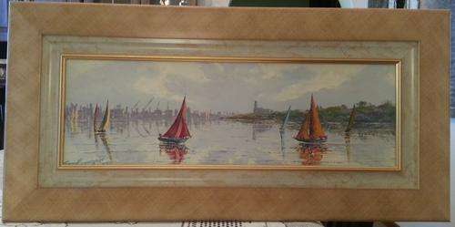 FRAMED ORIGINAL OIL PAINTING ON HARDBOARD CANVAS (JIMMY BOONZAAIER)(REFLECTING BOATS OUTSIDE HARBOR)