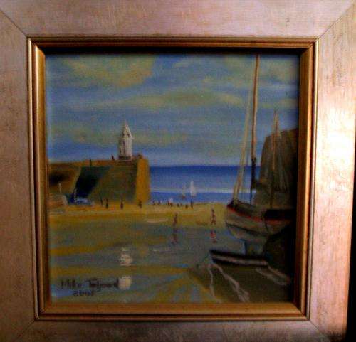 FRAMED ORIGINAL OIL ON CANVAS, SEA SCENE "HARBOR SCENE " by Mike Taljaard