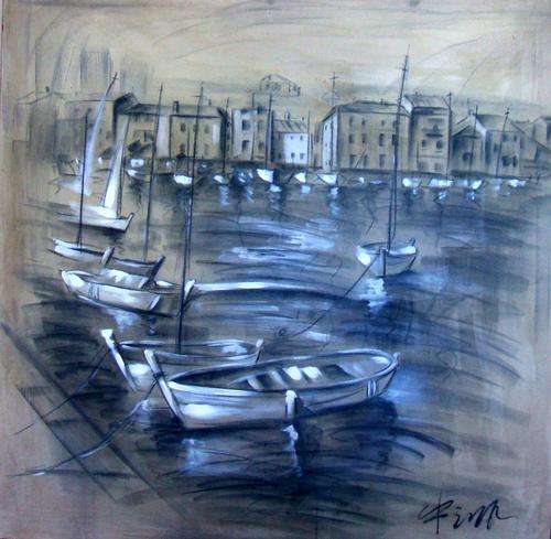 MASSIVE 120 X 120 CM, ORIGINAL OIL PAINTING, JERRYSBAY HARBOUR