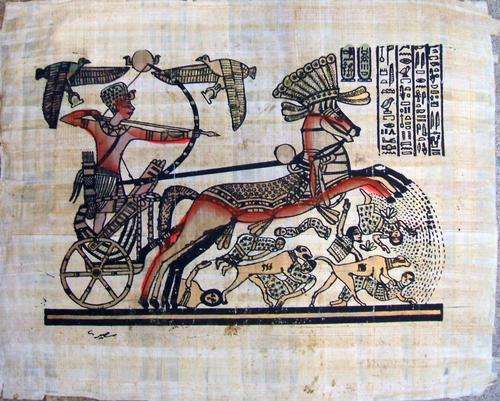 PAPYROS, BOW AND ARROW HORSEMAN, DOGS AND PEOPLE