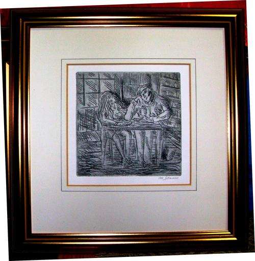 FRAMED ETCING BY M. GLASER, RELAXING WITH A DRINK.