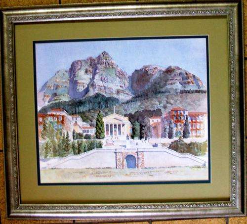 FRAMED ETCHING ONE OF TEN WATER COLORS - UCT - JAMESON HALL BY LATE WALTER WOODMAN