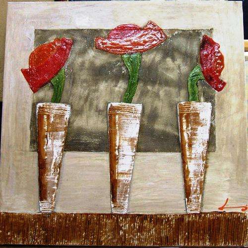 CRAZY R1 START, MASSIVE ORIGINAL OIL ON BLOCKED CANVAS, STILL LIFE, RED AND ORANGE FLOWERS