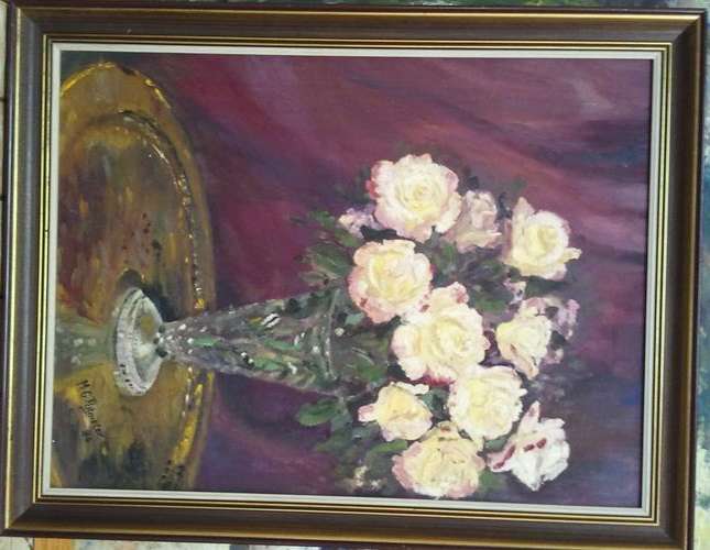 FRAMED ORIGINAL OIL ON BOARD CANVAS, ROSES BY M. POTGIETER 1986