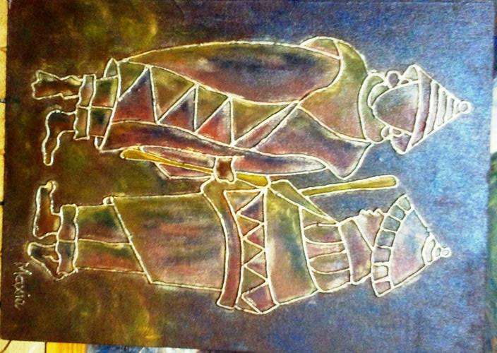 ORIGINAL BAROQUE TECHNIQUE ON CANVAS BOARD, 2 AFRICAN FIGURES by MAXIE LESSING