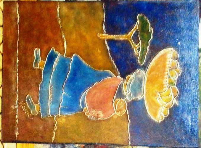 ORIGINAL BAROQUE TECHNIQUE ON CANVAS BOARD, AFRICAN MOTHER AND CHILD by MAXIE LESSING