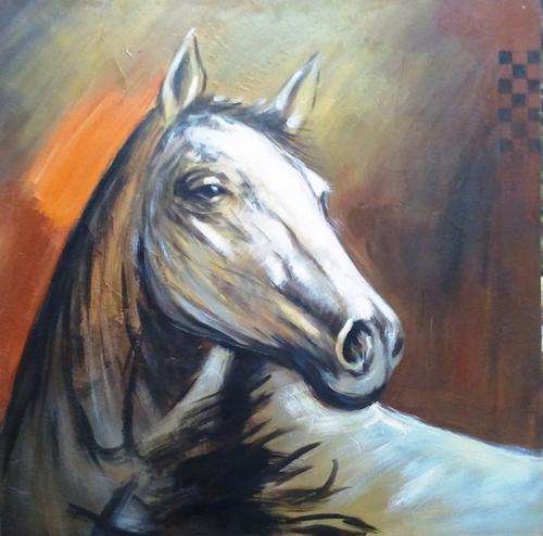 MASSIVE OIL PAINTING ON BLOCKED CANVAS, HORSE