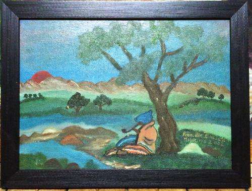 FRAMED ORIGINAL OIL ON BOARD (OUPA SMOKING HIS PIPE) BY ROCHELLE  HOPKINS 2002