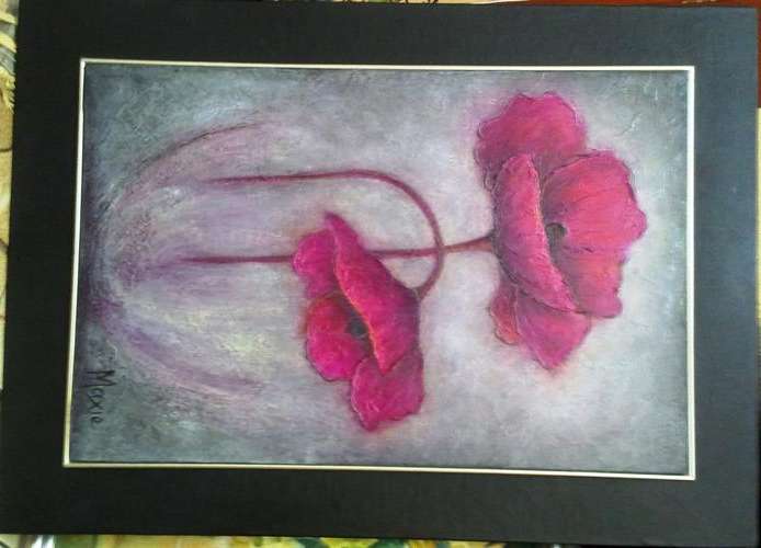 ORIGINAL ACRYLIC ON CANVAS BOARD, 2 POPPIES IN POT by MAXIE LESSING