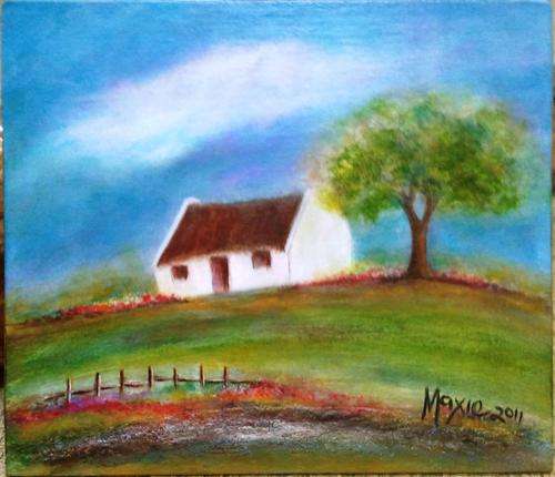 ORIGINAL ACRYLIC ON CANVAS BOARD, HOUSE AND TREE by MAXIE LESSING