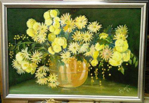 FRAMED ORIGINAL OIL ON BOARD, STILL LIFE, BOWL OF YELLOW FLOWERS BY M J BEAN