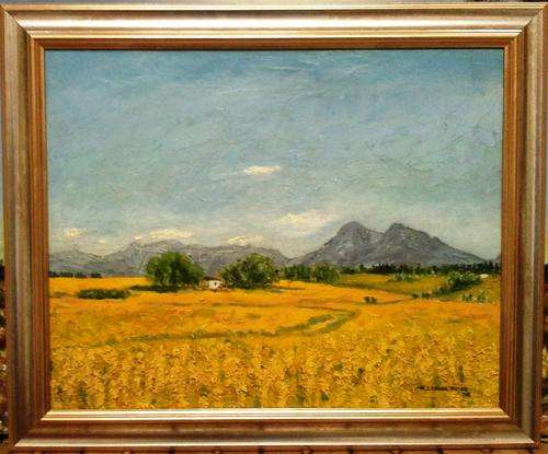 FRAMED ORIGINAL OIL ON BOARD, FARM LANDSCAPE BY H LESLIE ROSS 1974