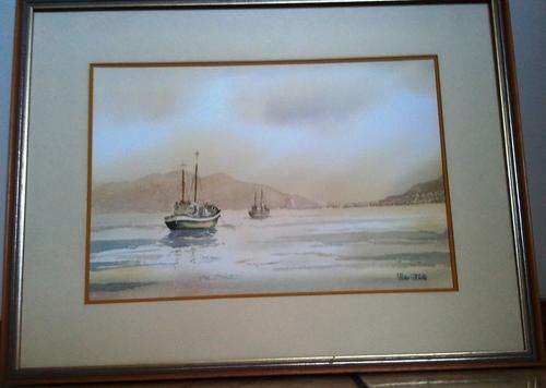 FRAMED ORIGINAL WATER COLOUR, ENTRANCE TO HARBOUR BY PETER MILLS